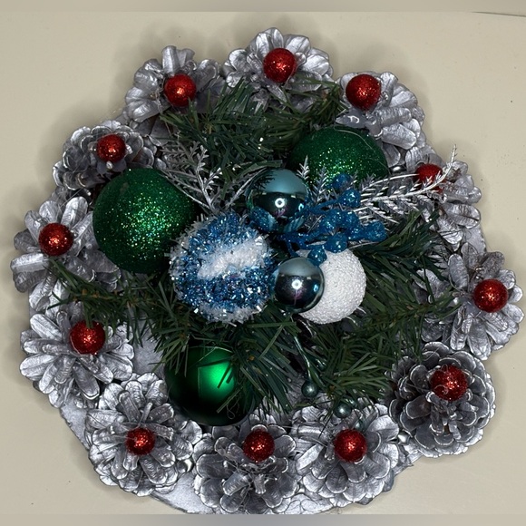 Silver Pinecone Christmas Centerpiece with Green & Blue Ornaments Table Decor - Picture 3 of 3